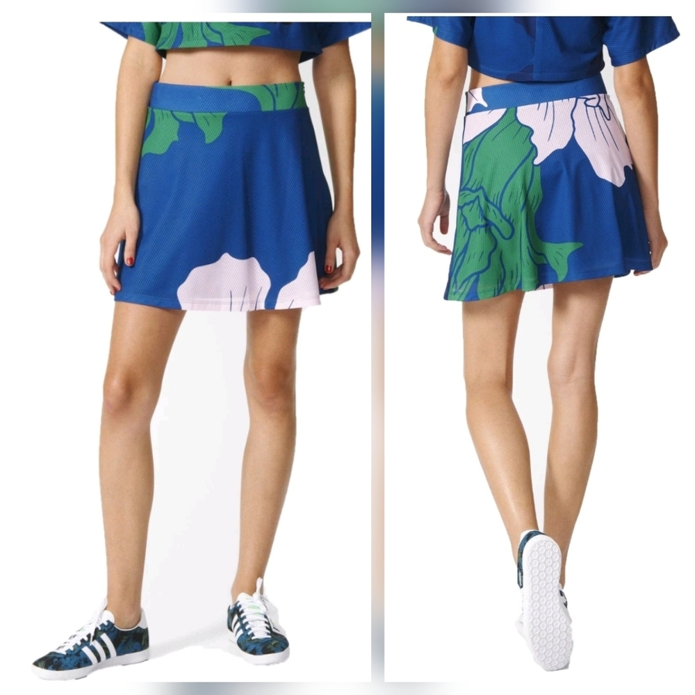Adidas Originals Floral Engraving Blue Green Pink A-Line Skirt‎ Medium